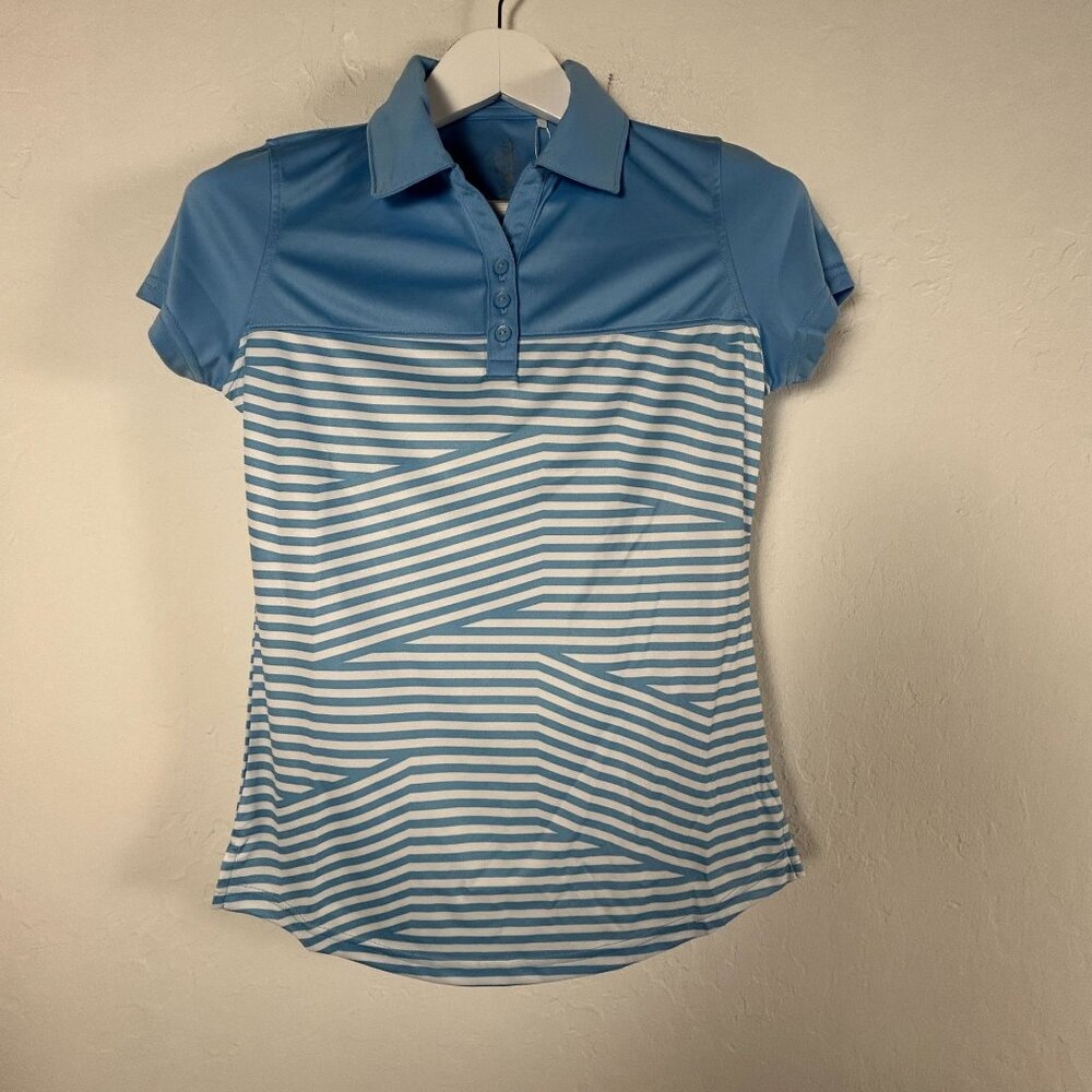 CBUK Womens Blue & White Striped Short Sleeve Collared Golf Polo Shirt XS New